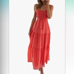 Strapless Coral Tiered Maxi Dress